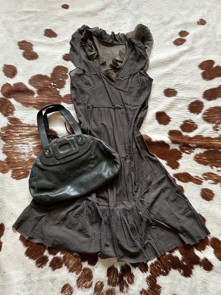 Cop Copine Brown Sleeveless Dress With Ruffle Neckline And Black Handbag